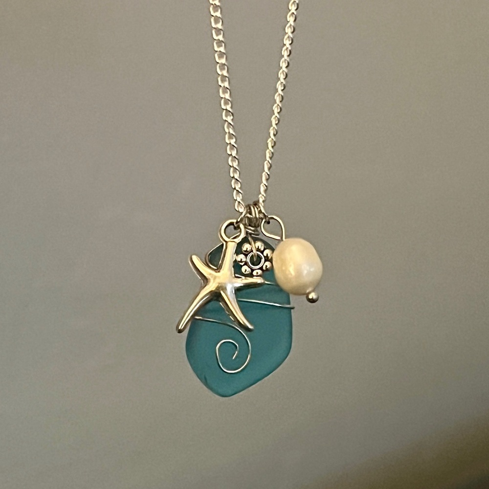 Teal Sea Glass Starfish Necklace with Pearl Accent